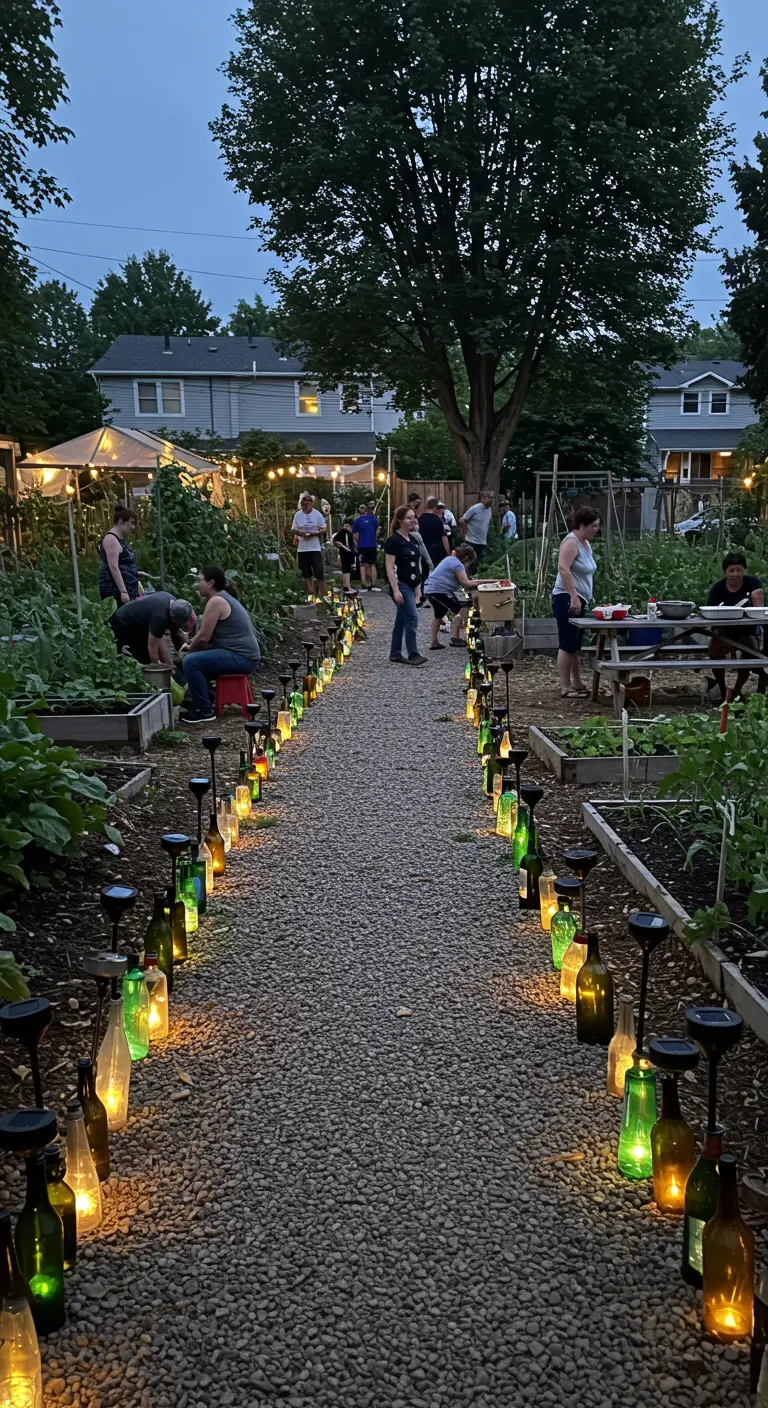 Ein Gemeinschaftsgarten bei einem abendlichen Treffen, der Kiesweg ist bunt beleuchtet.