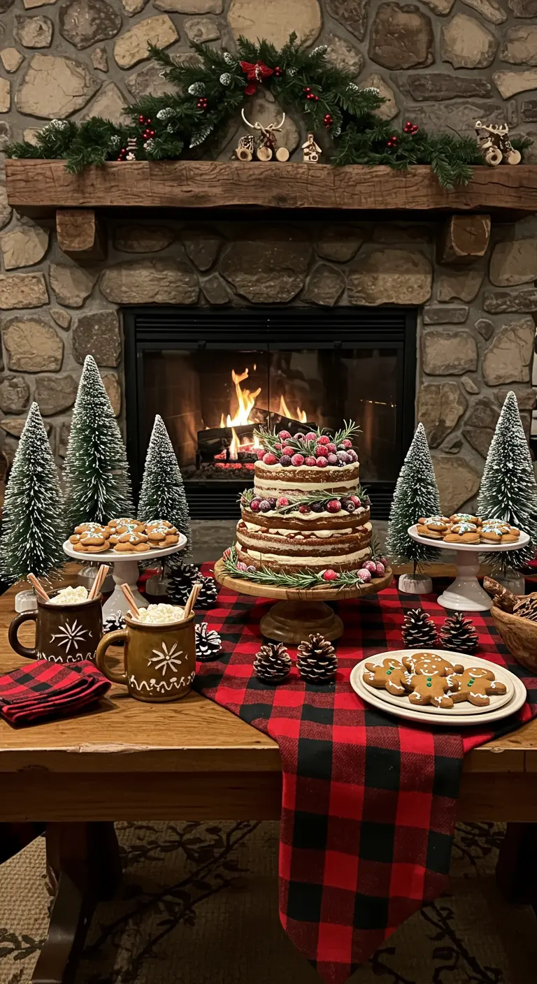 Naked Cake mit Beeren und Rosmarin vor einem gemütlichen Kaminfeuer.