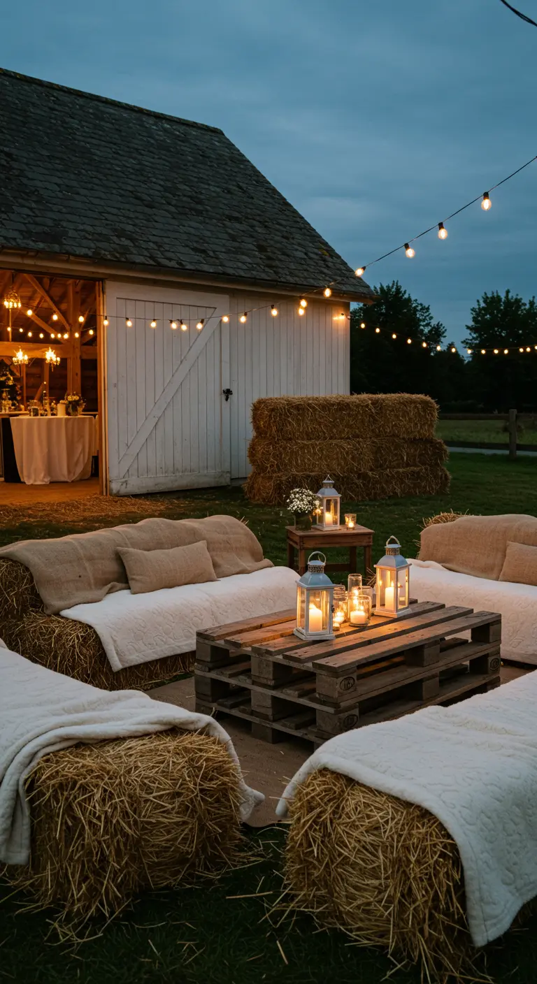 Outdoor-Lounge aus Heuballen mit Decken und Kissen sowie einem Tisch aus Paletten.