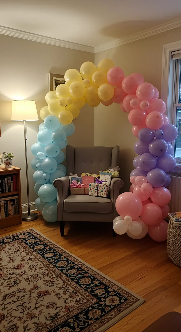 Pastell-Regenbogen-Ballonbogen, der einen gemütlichen Sessel in einem Wohnzimmer einrahmt.