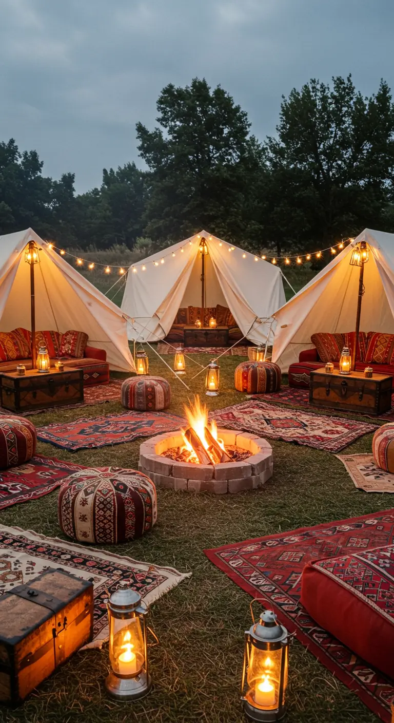 Glamping-Szene mit weißen Zelten, Teppichen, einer Feuerstelle und Laternen.