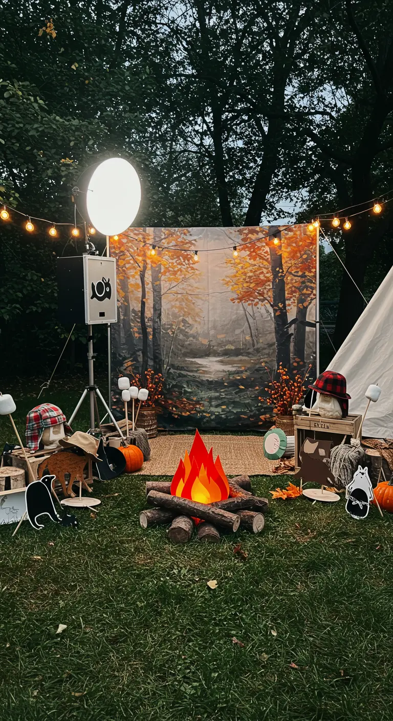 Outdoor-Photobooth mit künstlichem Lagerfeuer, Herbstwald-Hintergrund und Camping-Requisiten