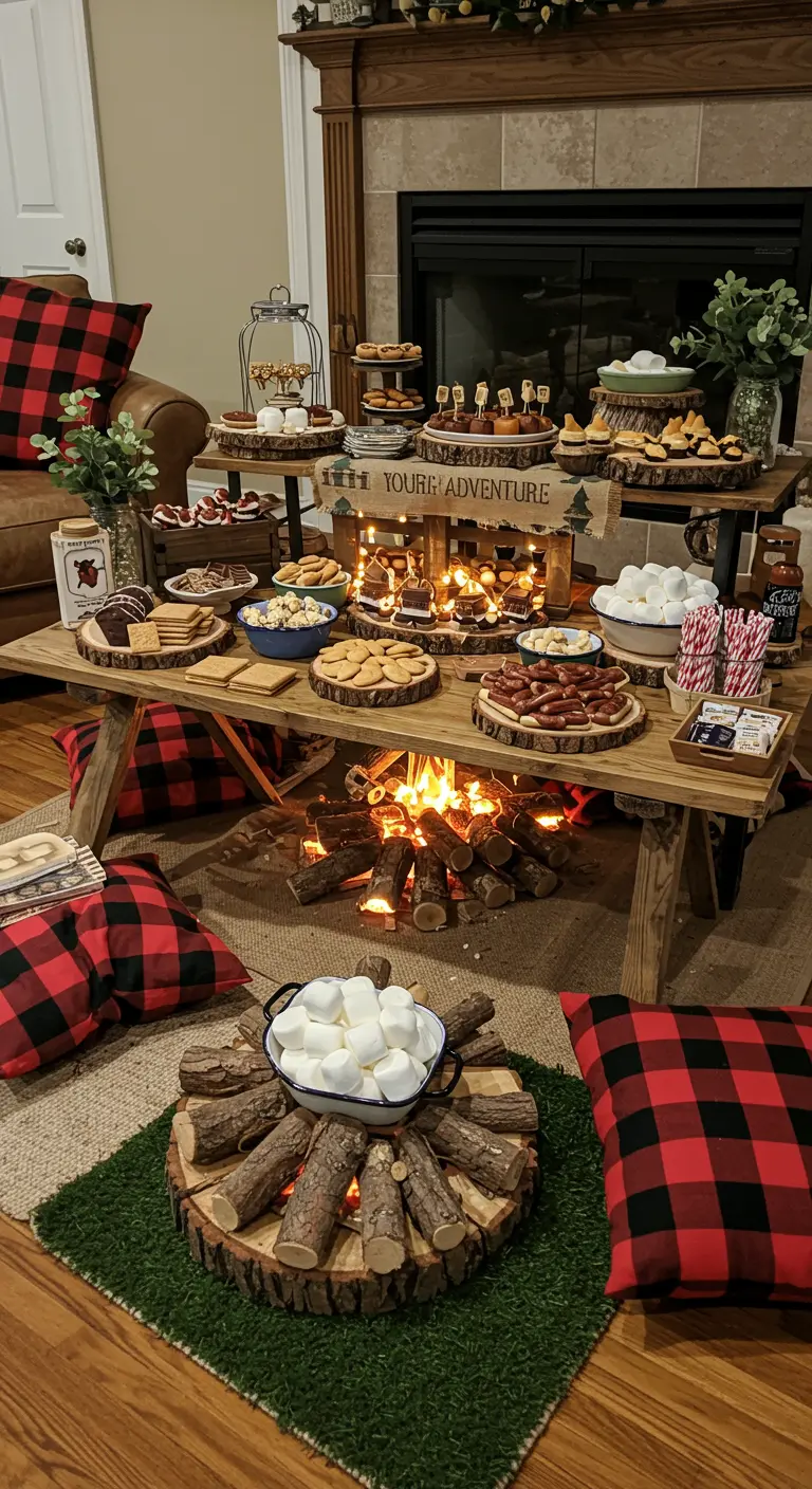 Indoor-Camping-Buffet mit einem künstlichen Lagerfeuer aus Holz und Lichterketten
