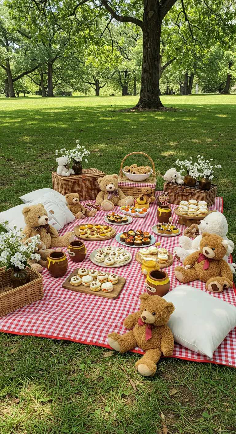 Teddybär-Picknick im Garten mit rot-weißer Decke, Weidenkörben und vielen Teddybären