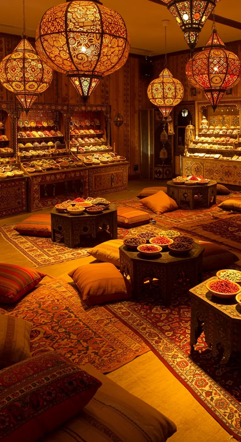 Marokkanischer Marktstand mit Schalen voller Trockenfrüchte unter warm leuchtenden Laternen.