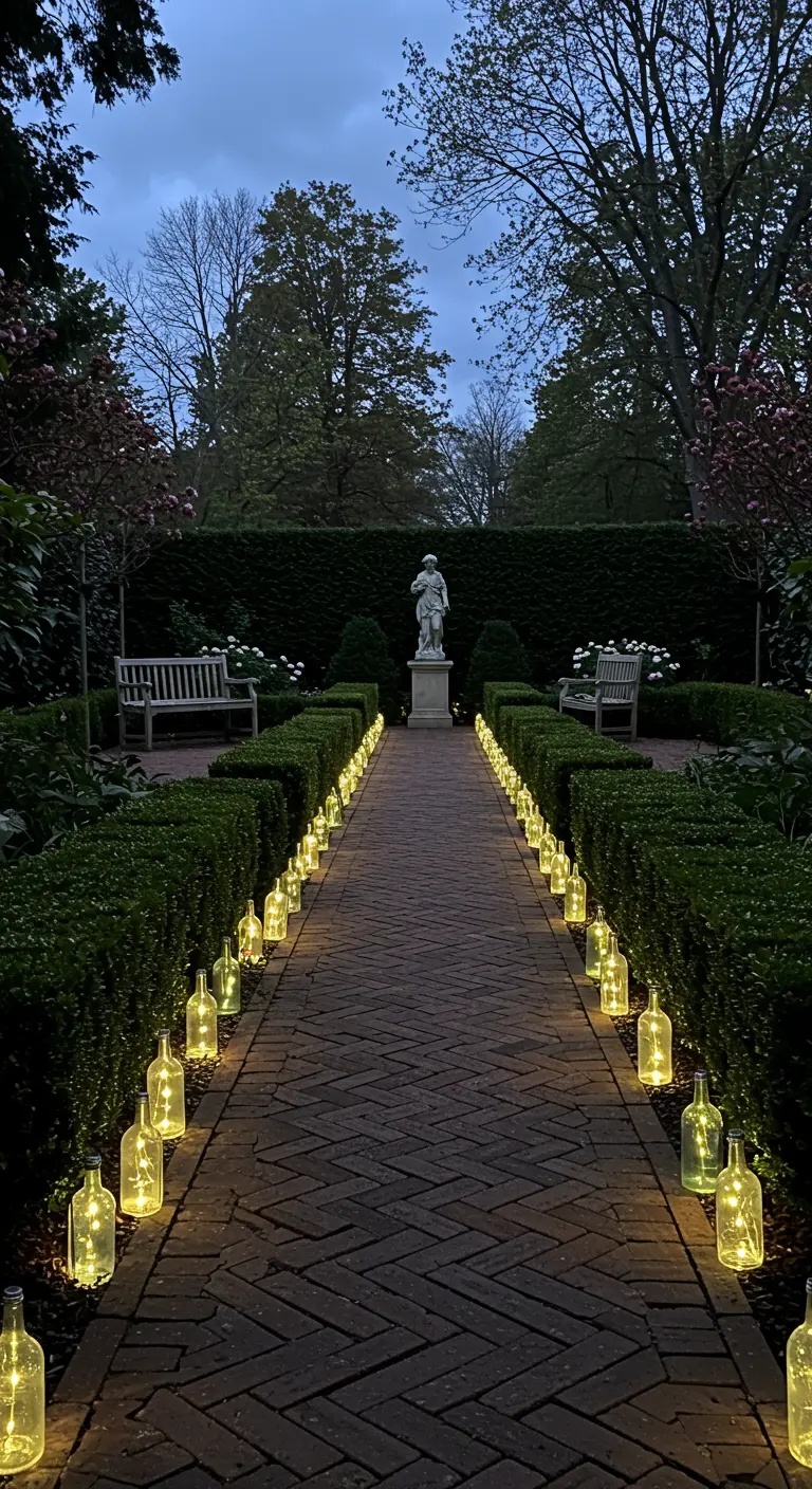 Ein formeller Gartenweg aus Ziegeln, gesäumt von perfekt aufgereihten, klaren Flaschenlichtern.