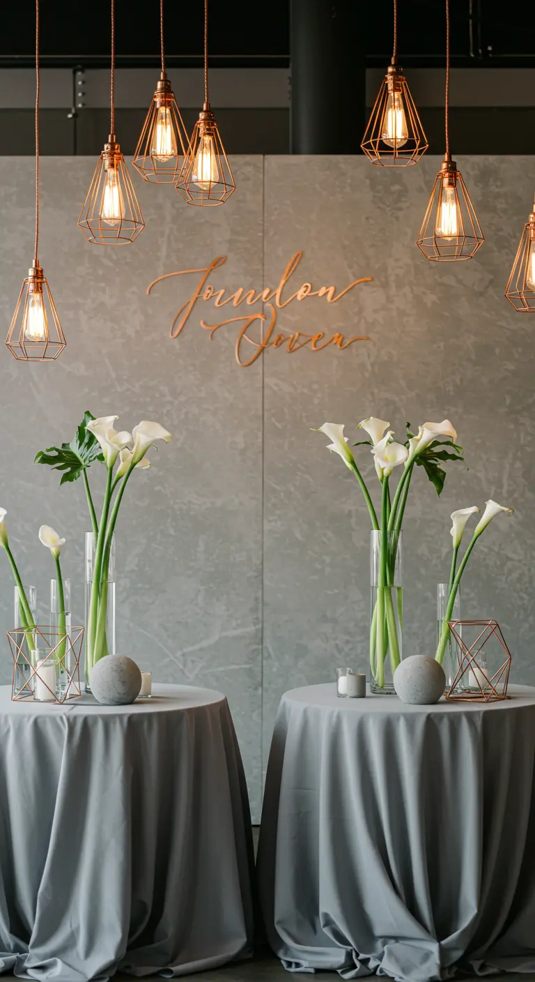 Tischdeko mit Calla-Lilien, Betonkugeln und geometrischen Kupfer-Kerzenhaltern vor Betonwand