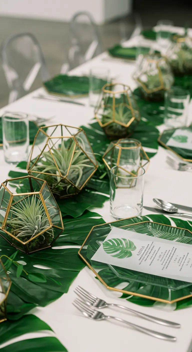 Moderne Tischdeko mit geometrischen Terrarien, Luftpflanzen und Monstera-Blättern.