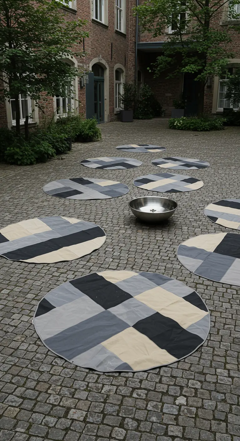 Runde, geometrisch gemusterte Matten auf einem Kopfsteinpflaster-Innenhof.