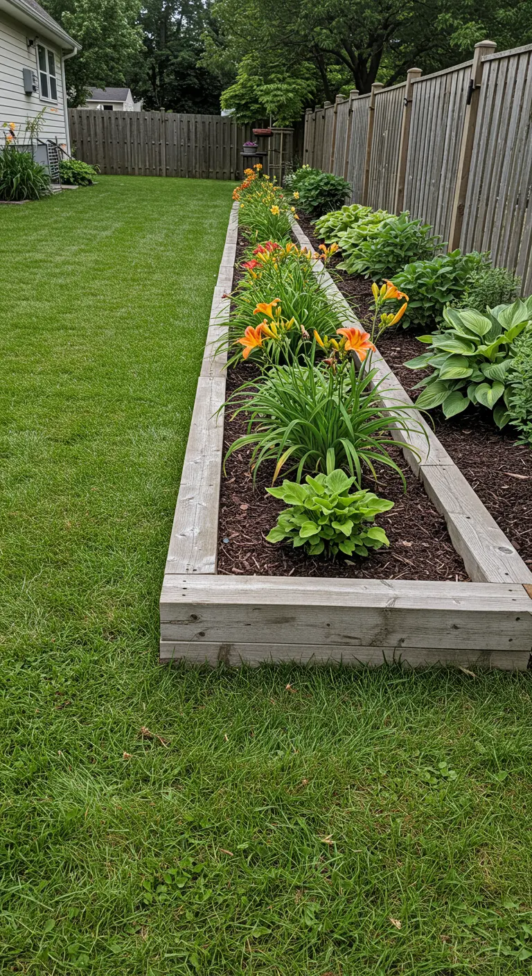 Ein langes, schmales Hochbeet aus hellem Holz, bepflanzt mit orangefarbenen Taglilien und Hostas.