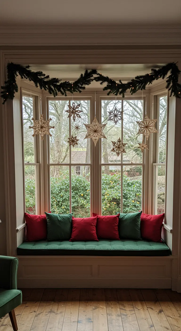 Erkerfenster mit einer Tannengirlande und hängenden Schneeflocken-Ornamenten.