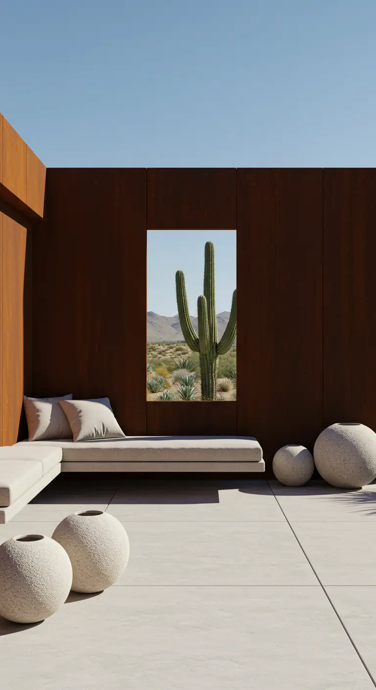 Ein großes, gerahmtes Bild eines Kaktus an einer Cortenstahl-Wand auf einer minimalistischen Terrasse.