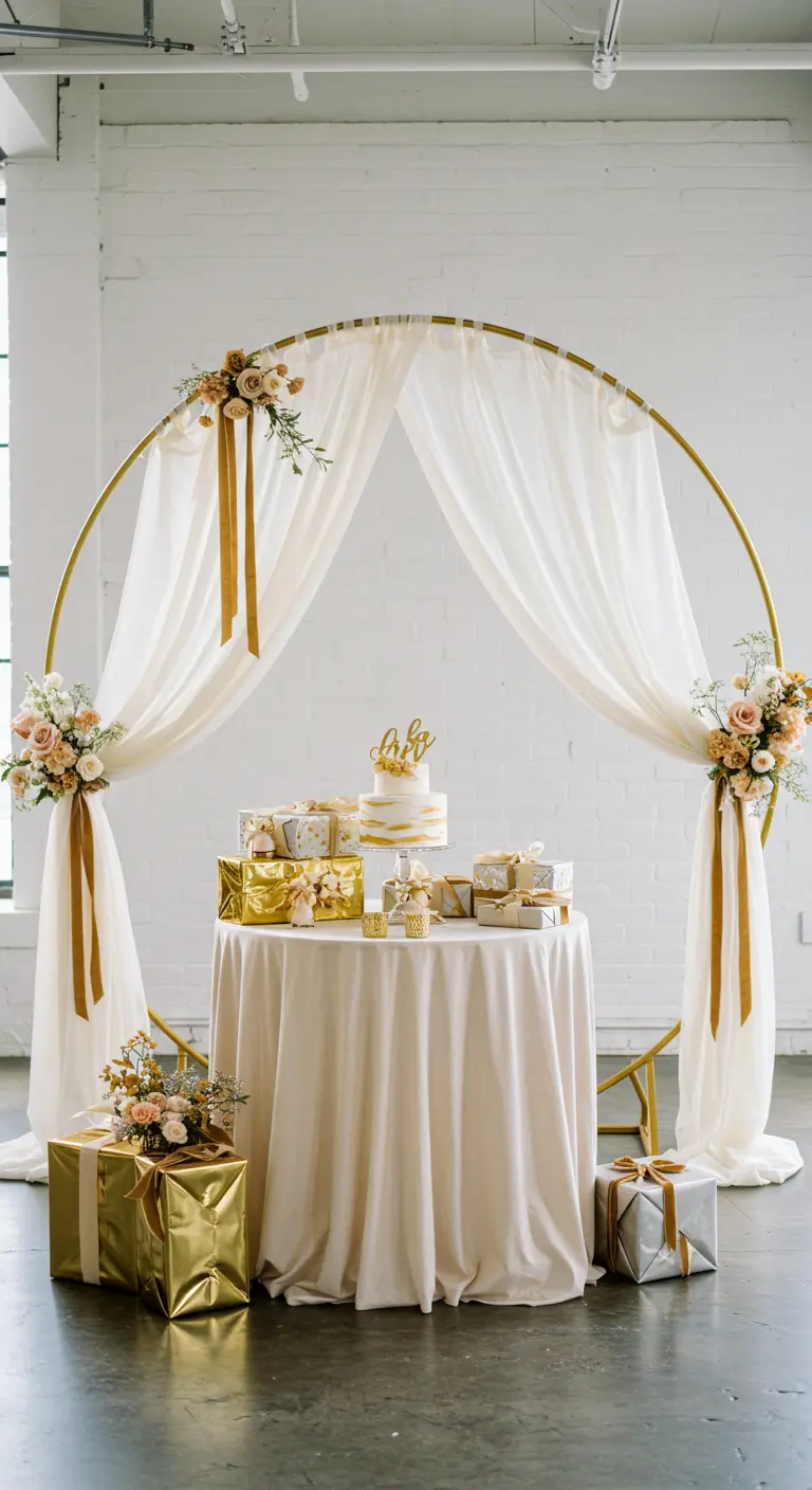 Goldener Rundbogen, dekoriert mit weißen Tüchern und Blumen, umrahmt einen Tisch mit Geschenken