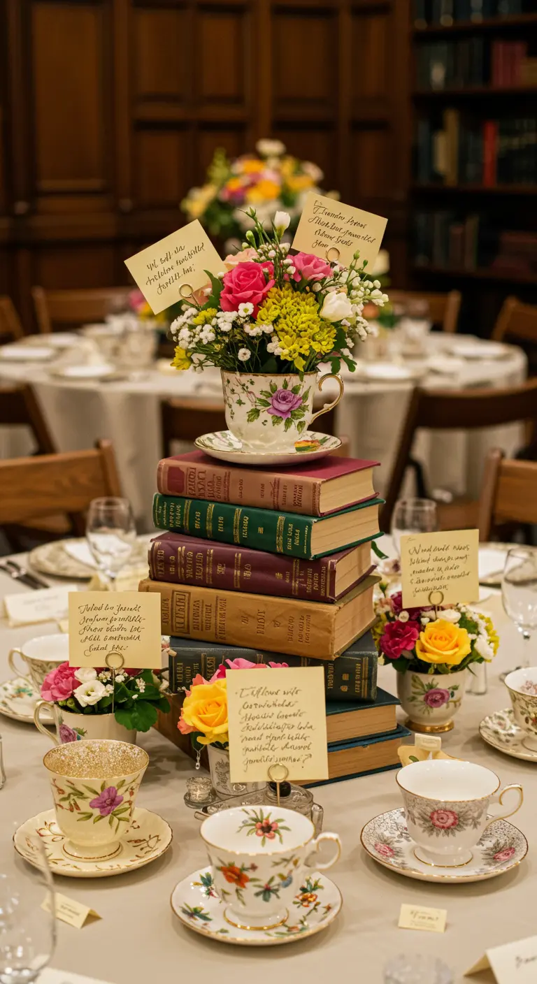 Hoher Stapel alter Bücher als Tafelaufsatz, gekrönt von einer blumigen Teetasse.