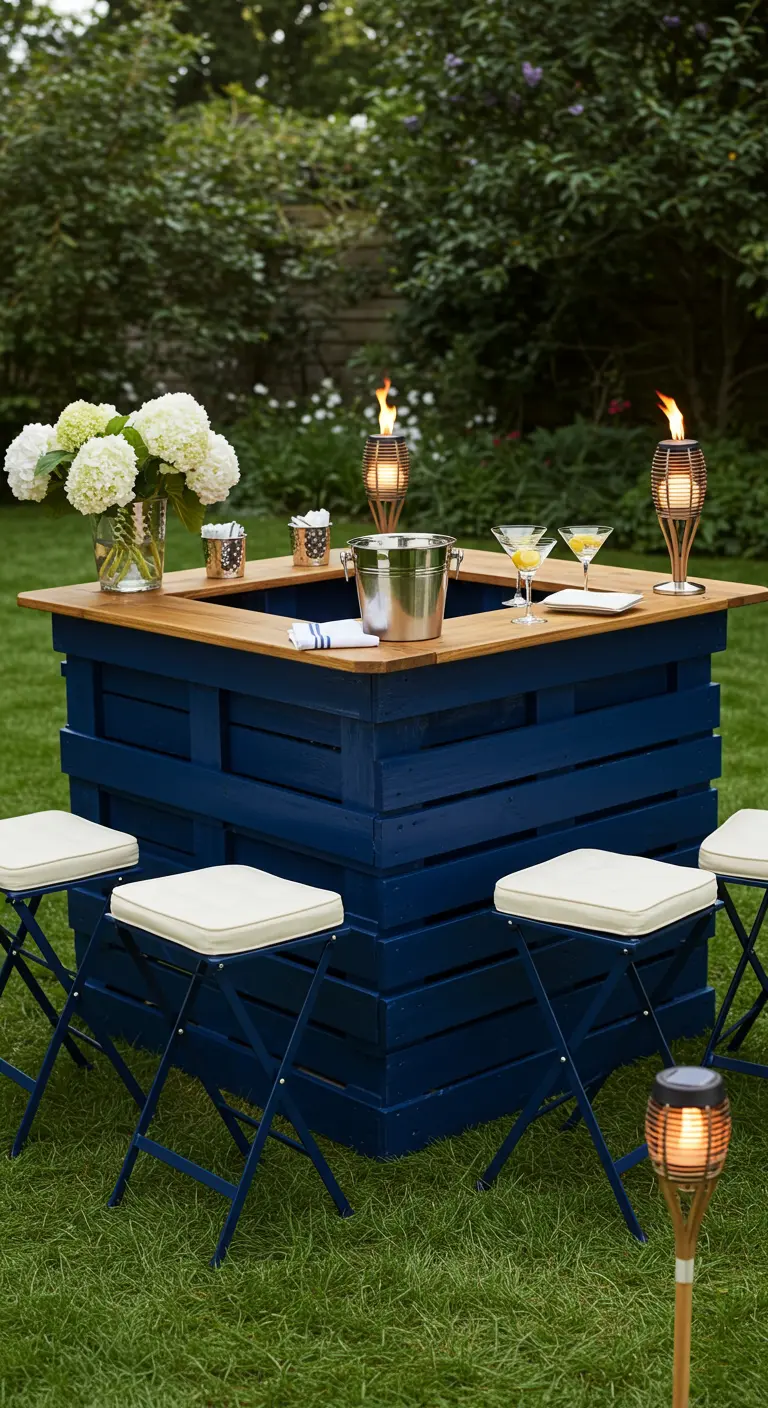 Quadratische, dunkelblaue Palettenbar als Insel im Garten mit Hortensien.
