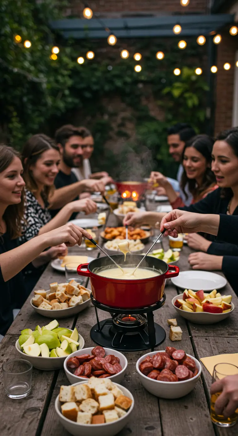 Eine Gruppe von Freunden isst gemeinsam Käsefondue an einem langen Tisch im Freien.