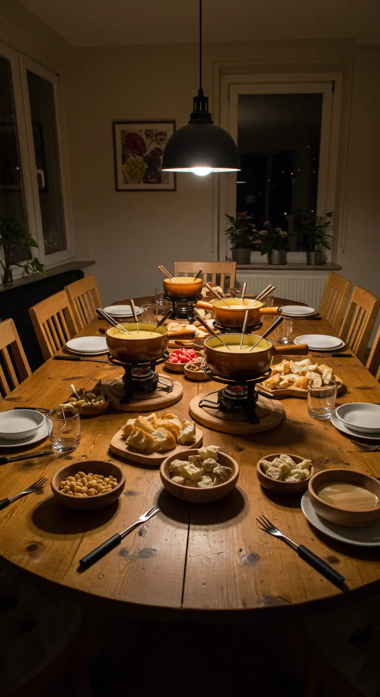Gedeckter Tisch mit mehreren Fonduetöpfen und Schalen mit Brot.