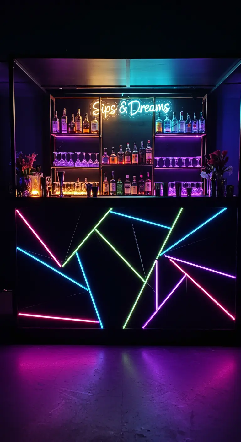 Eine moderne Bar mit einer geometrischen Front aus bunten Neonstreifen.