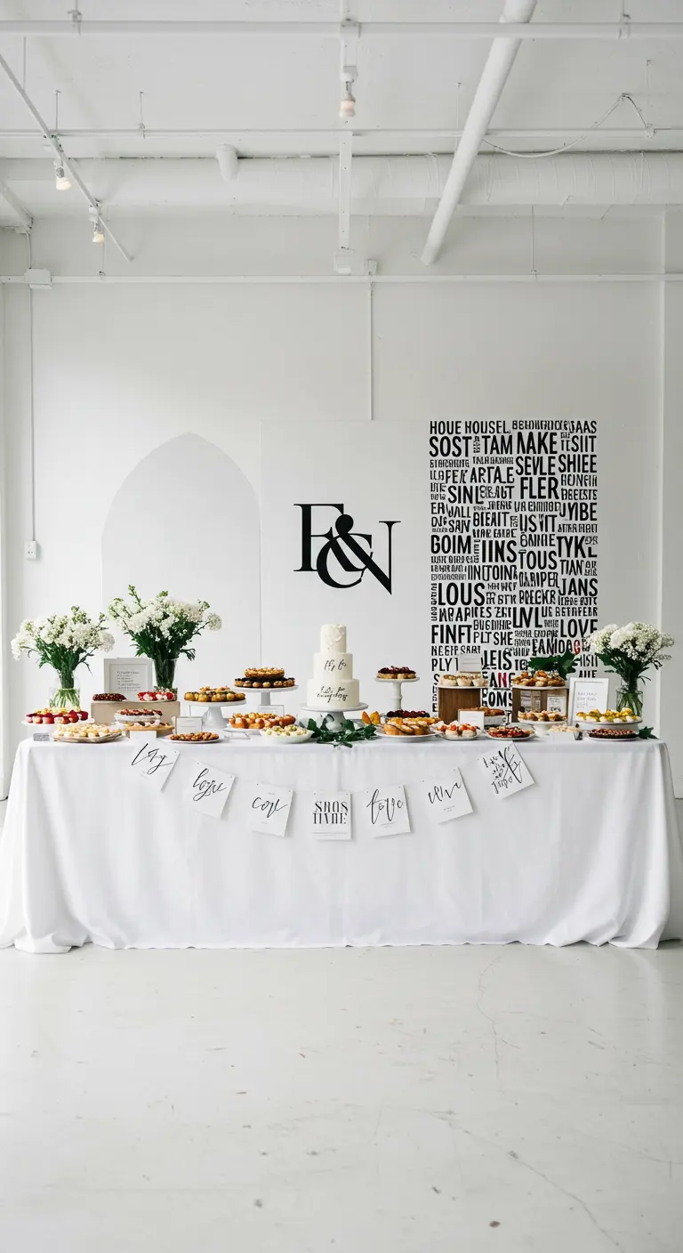 Weißer Desserttisch vor einer Wand mit einem großen typografischen Poster und einem Monogramm