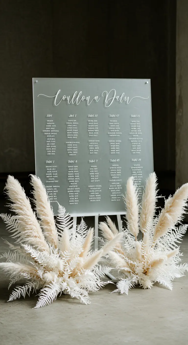 Sitzplan auf einer Acryltafel, umrahmt von einem Gesteck aus weißem Pampasgras.