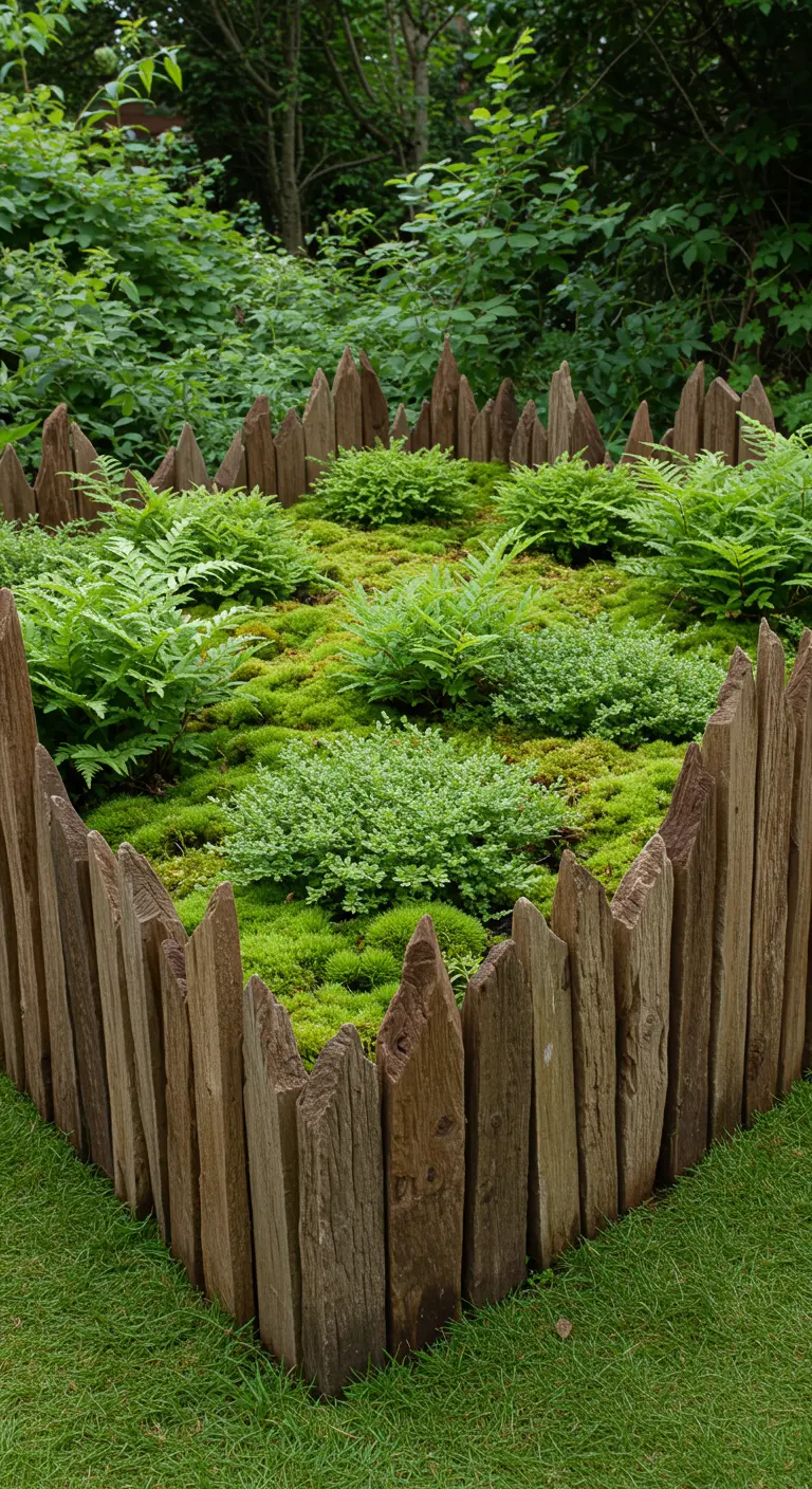 Eine Beetumrandung aus senkrechten, zugespitzten Holzbrettern, die eine Farn- und Mooslandschaft umschließt.