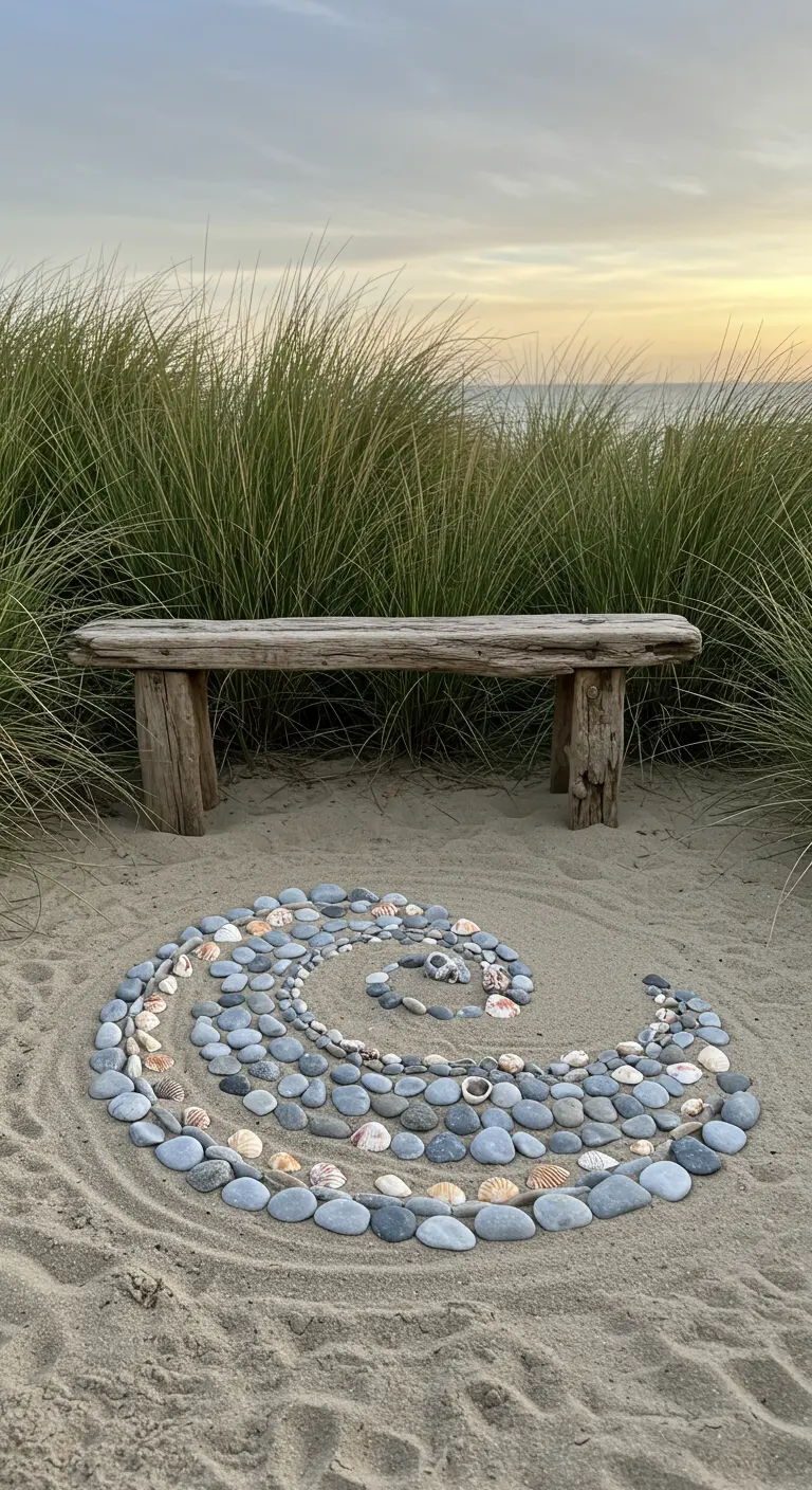 Ein spiralförmiges Mandala aus Kieseln und Muscheln im Sand vor hohen Dünengräsern.