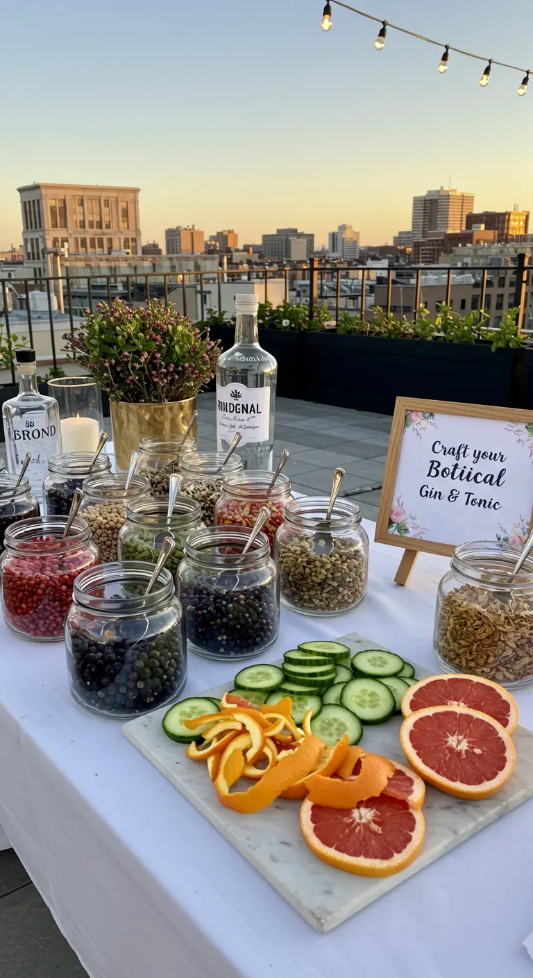 Gin-Tonic-Garnish-Bar auf einer Dachterrasse mit Gläsern voller Botanicals und frischen Früchten.