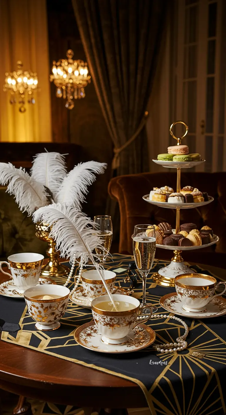 Glamouröse 1920er-Jahre Tischdeko mit goldenen Teetassen, Federn und Perlen.