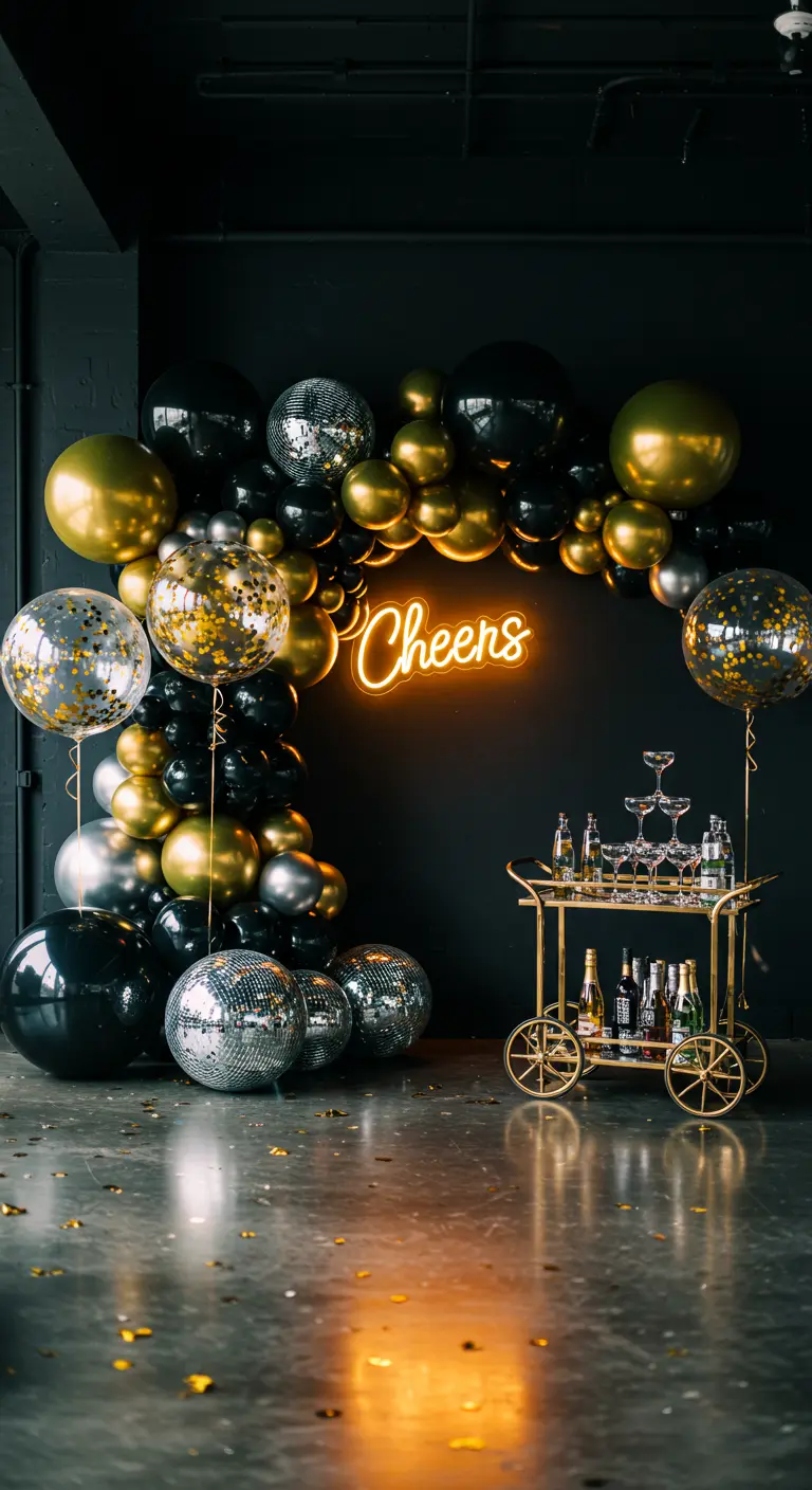 Ballonbogen in Schwarz, Gold und Silber mit Discokugeln und einem 'Cheers'-Neonschild