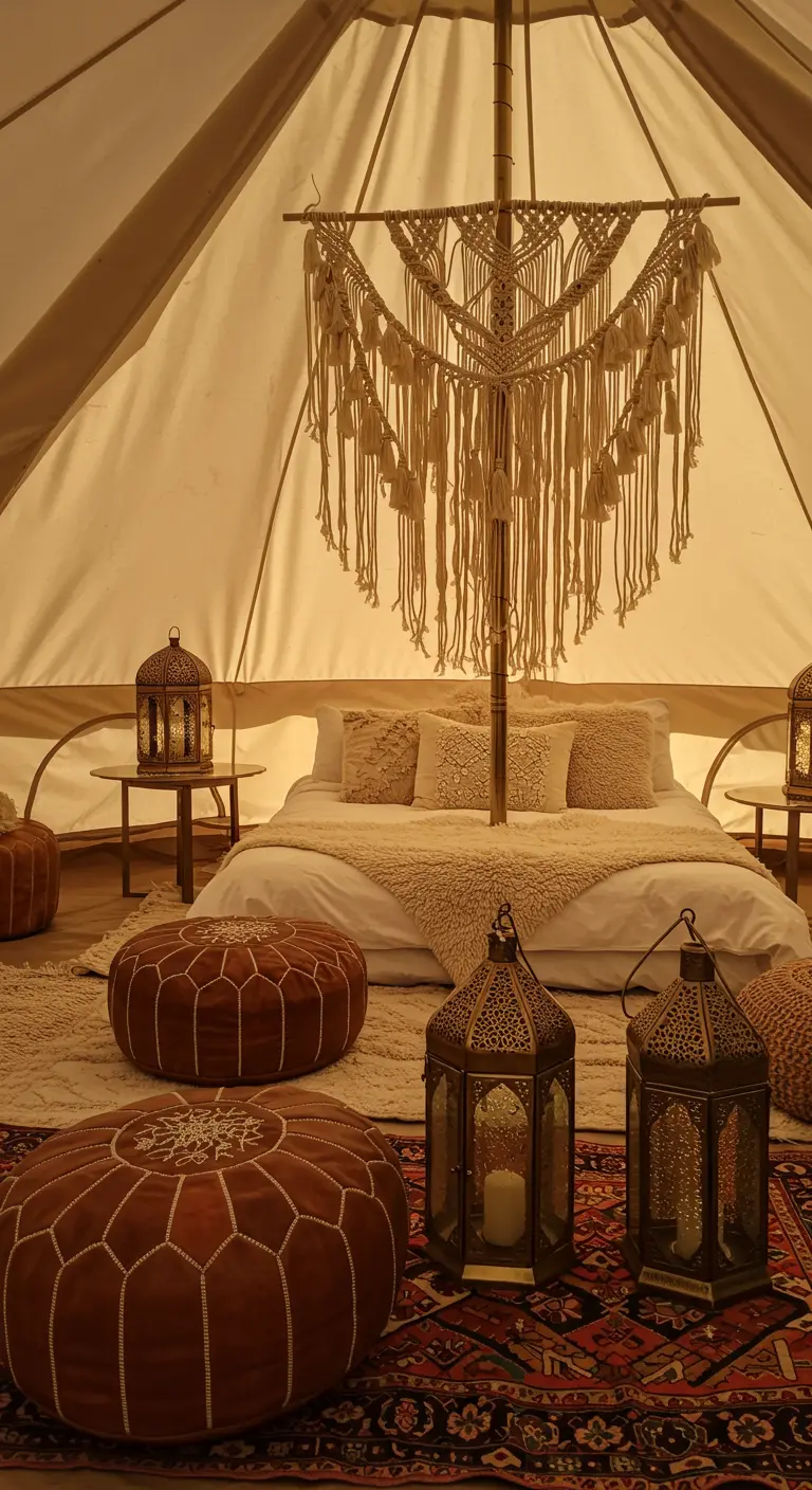 Ein luxuriös eingerichtetes Glamping-Zelt mit einem Makramee-Behang über dem Bett.