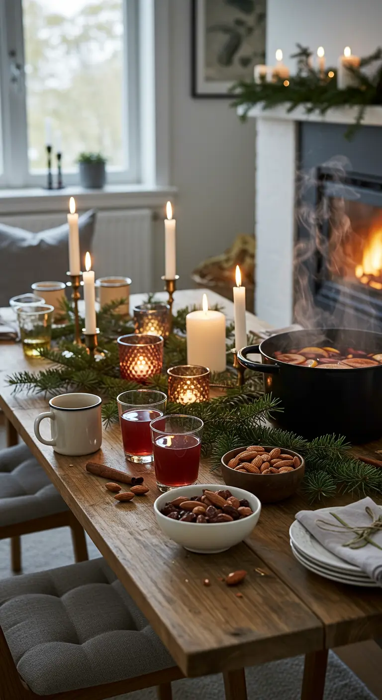 Gemütlicher Holztisch mit einem Topf Glögg, umgeben von Tannengrün und Kerzen.