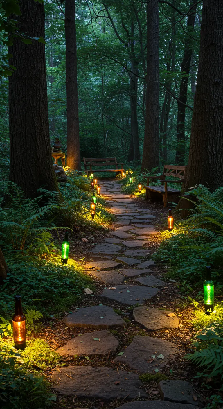 Ein gewundener Steinpfad im Wald, dezent beleuchtet von grünen und braunen Flaschenlichtern.