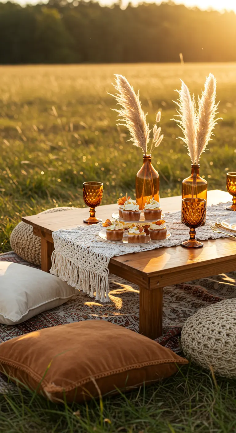 Boho-Picknick-Szene bei Sonnenuntergang mit niedrigem Tisch, Kissen und Pampasgras.