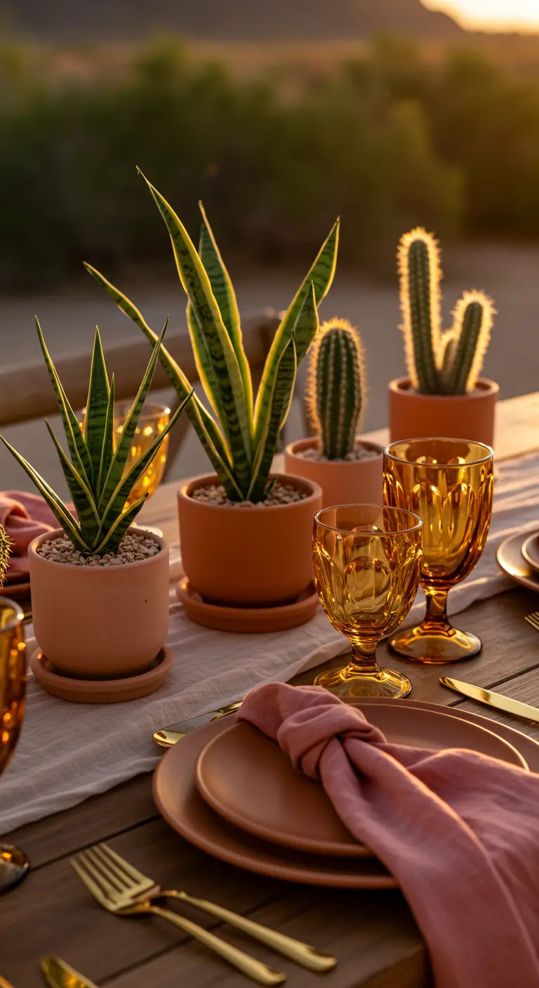 Terrassentisch bei Sonnenuntergang mit Sansevierien und Kakteen in Terrakottatöpfen.