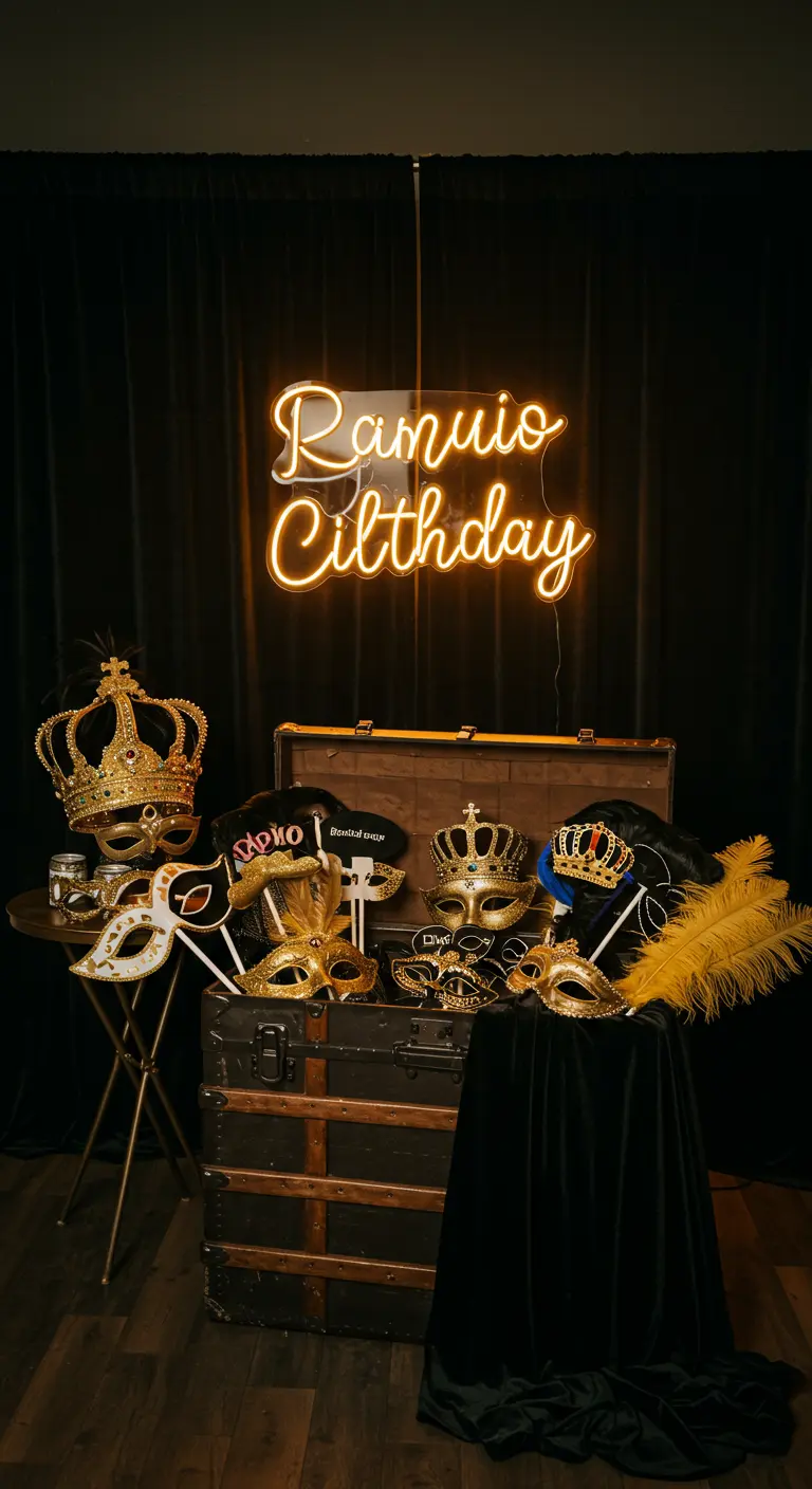 Eine Auswahl an goldenen Masken, Kronen und Fächern als Requisiten für eine Fotobox