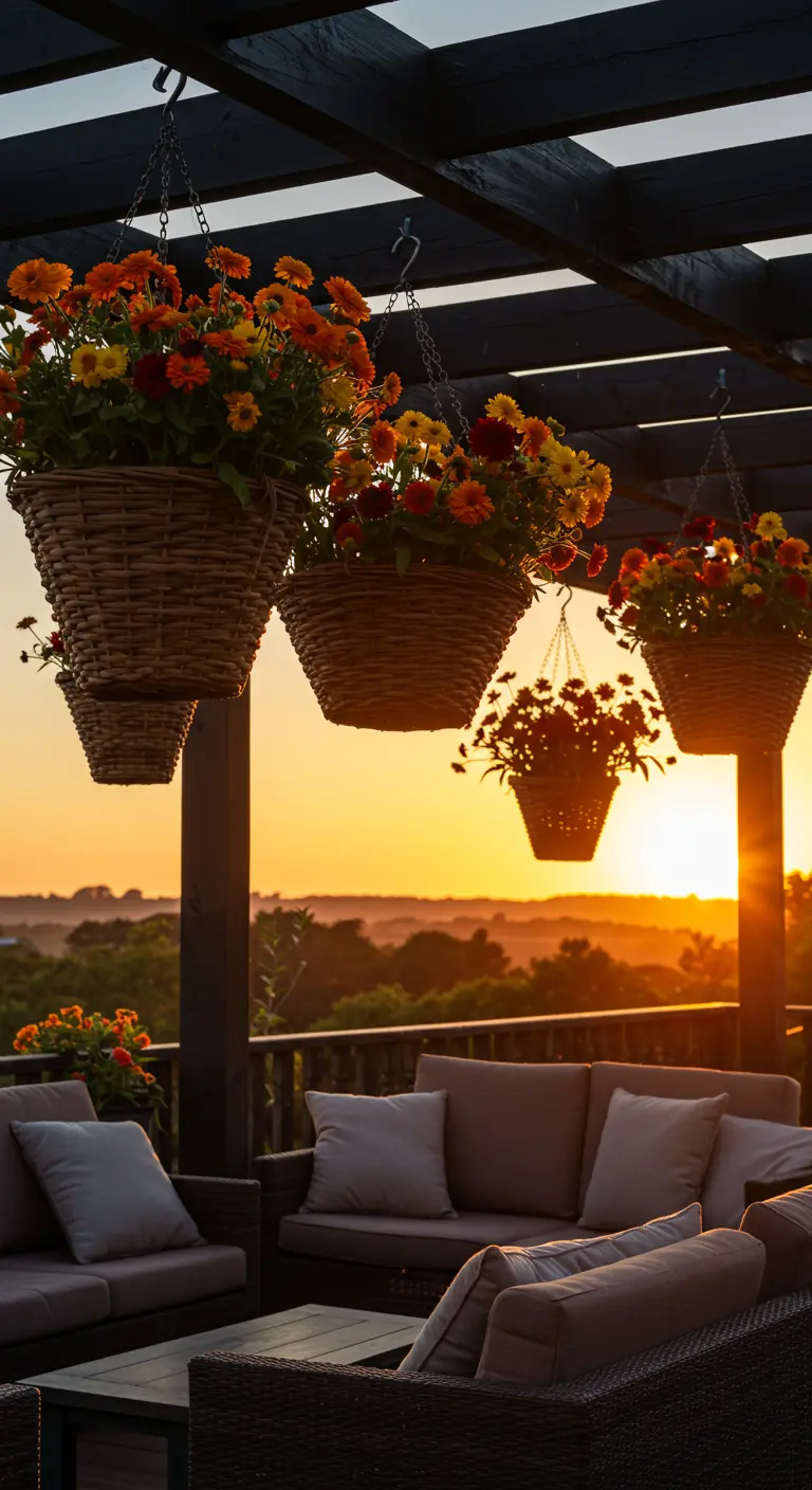 Hängende Weidenkörbe mit orangefarbenen und gelben Blumen auf einer Terrasse bei Sonnenuntergang.