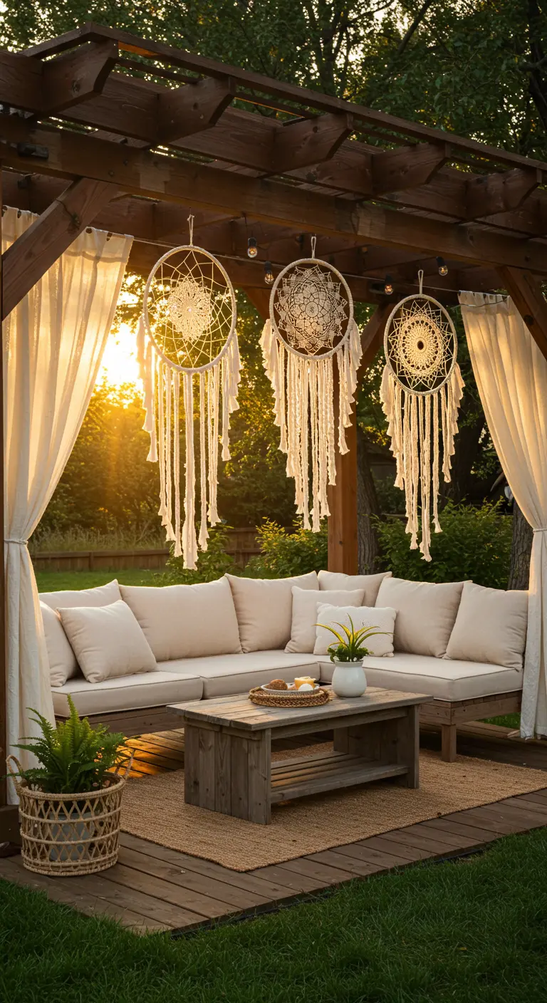 Drei große Makramee-Traumfänger an einer Holzpergola bei Sonnenuntergang.