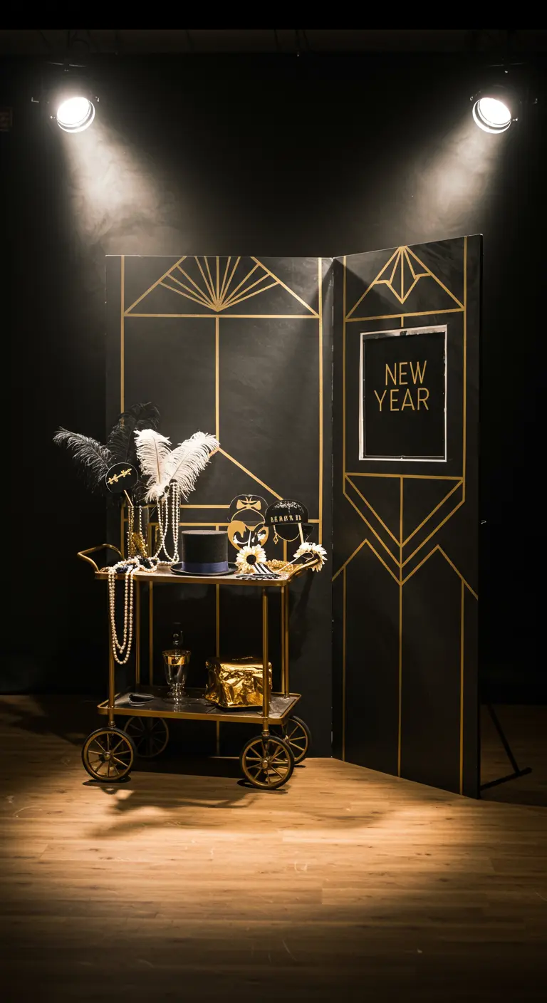 Art-déco-Photobooth in Schwarz und Gold mit einem Barwagen voller Requisiten für eine Mottoparty