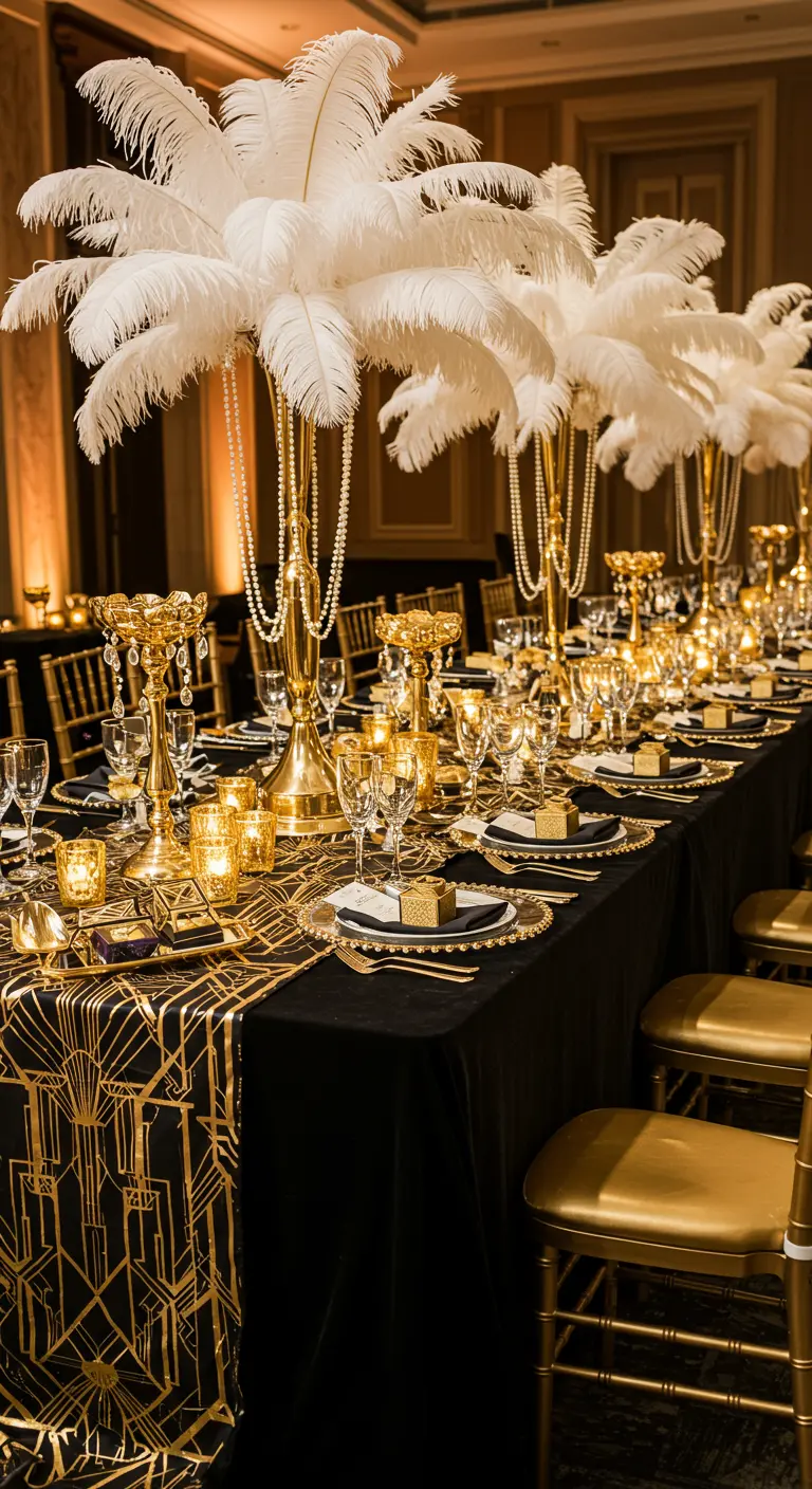 Opulente Great-Gatsby-Tafel in Schwarz und Gold mit Feder-Mittelstücken und Perlenketten.
