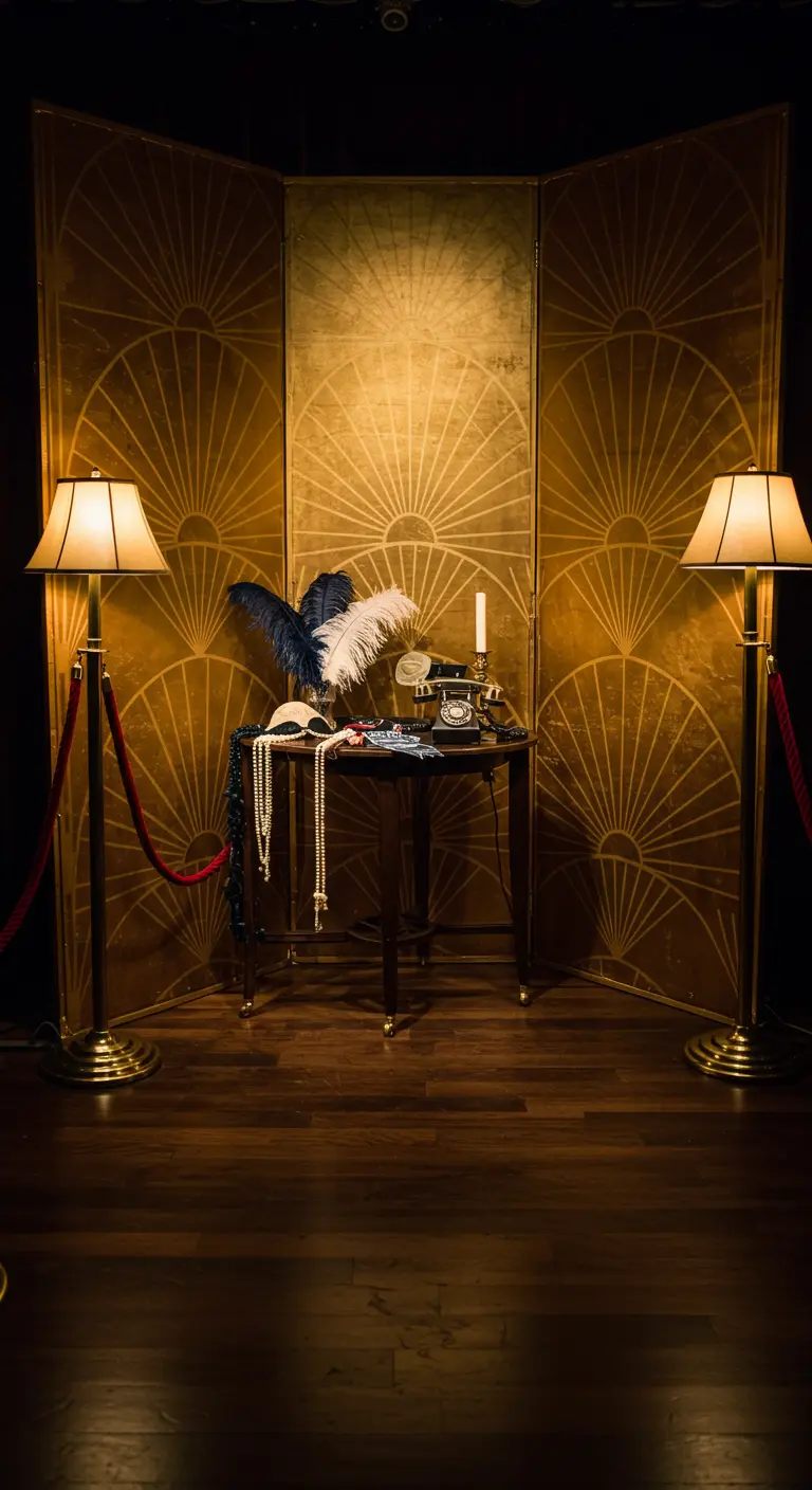 Art-déco-Paravent in Gold als Fotohintergrund für eine 20er-Jahre-Party.