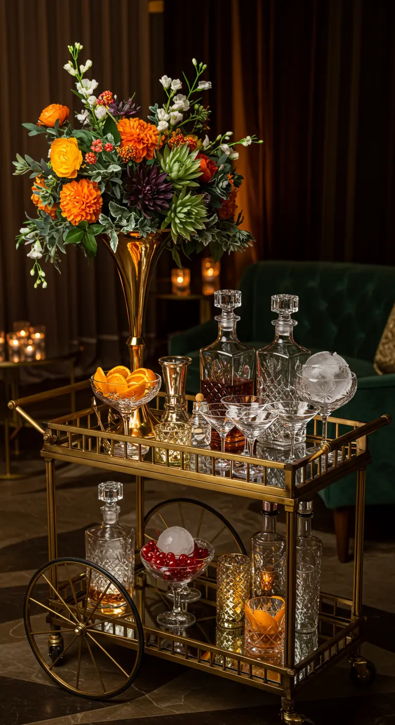 Goldener Art-Déco-Servierwagen mit Kristallkaraffen und einem opulenten Blumenstrauß.