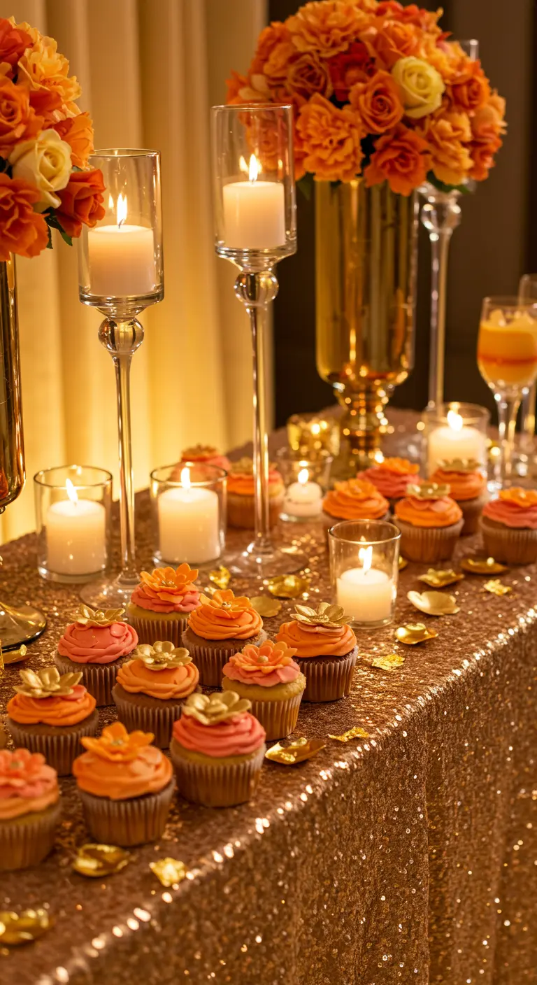 Glamouröser Desserttisch mit goldener Pailletten-Tischdecke, Kerzen und orangefarbenen Cupcakes.