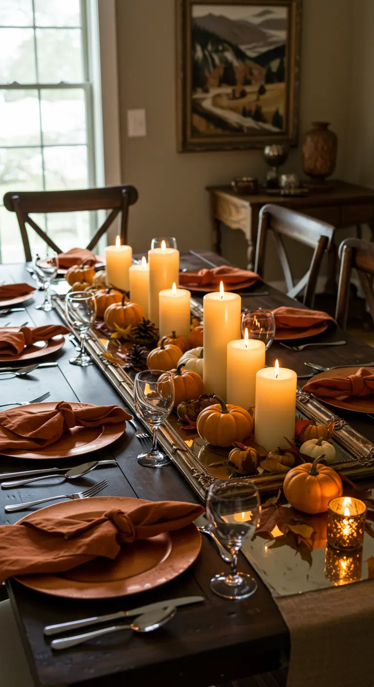 Herbstlich gedeckter Tisch mit Kerzen und Kürbissen auf einem langen Zierspiegel