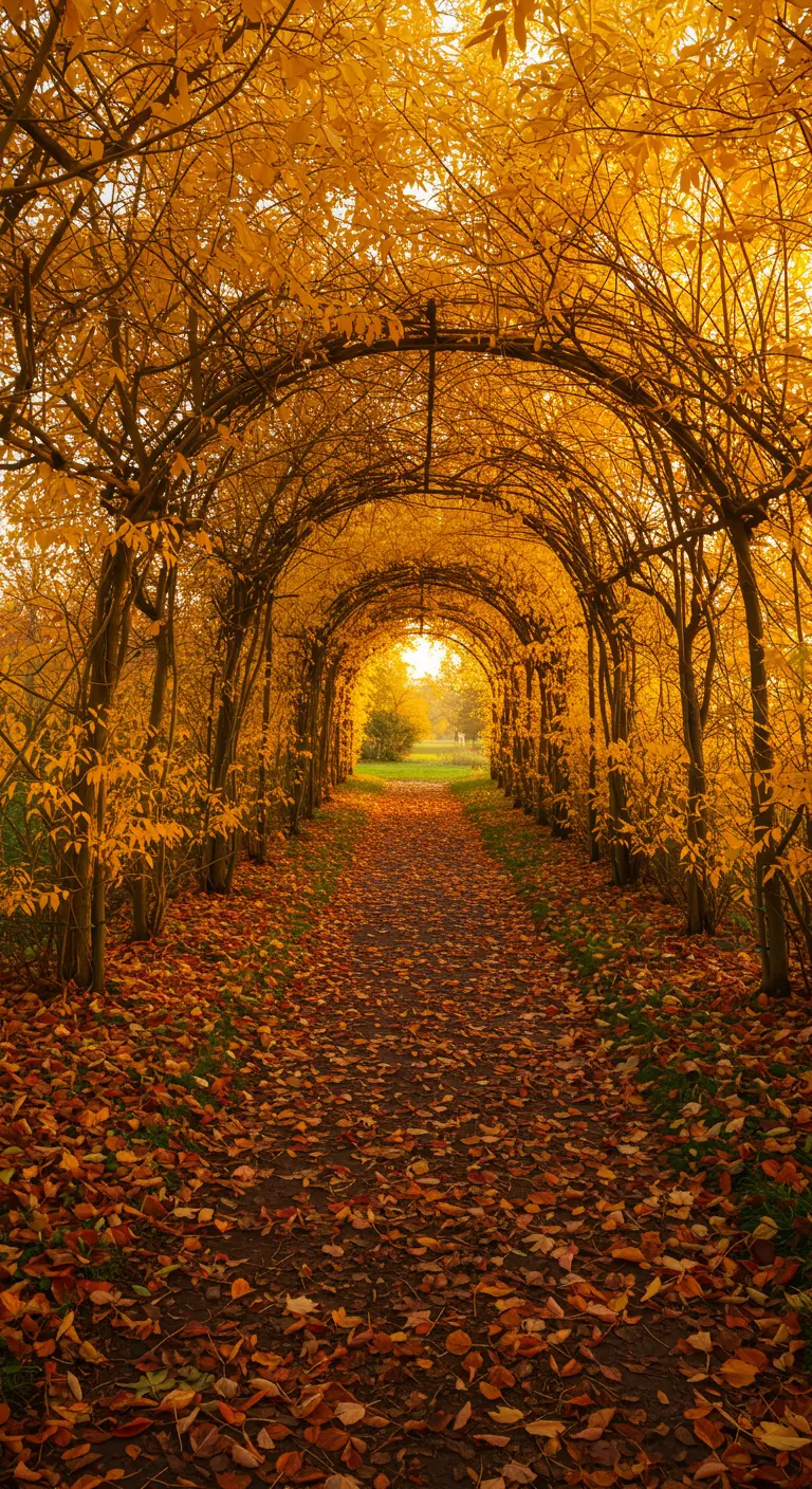 Ein langer Laubengang im Herbst mit leuchtend gelben Blättern.