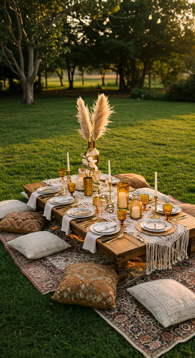 Niedriger Picknicktisch im Freien mit Kissen, Pampasgras und Kerzen in gelben Gläsern