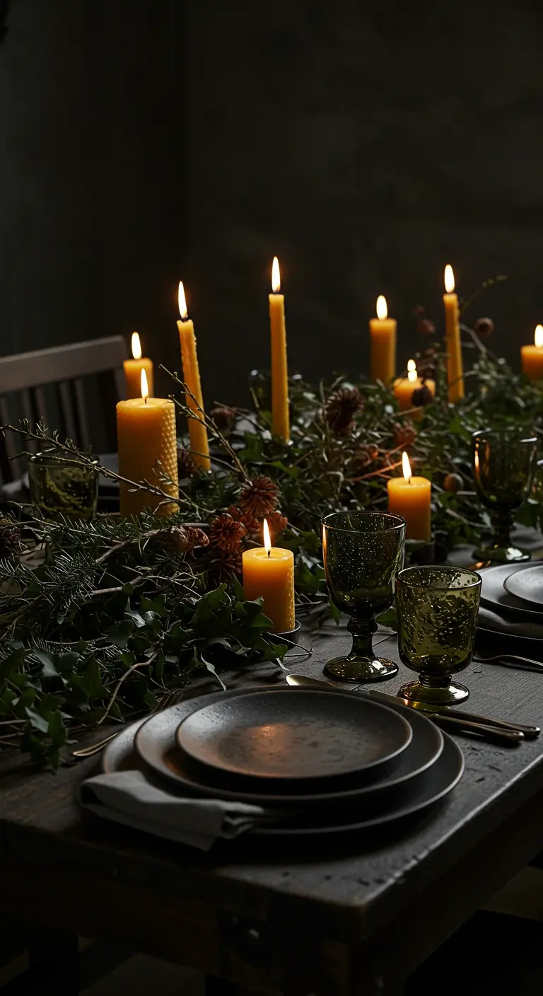 Üppige Tischdeko mit vielen Bienenwachskerzen und dunklem Tannengrün.