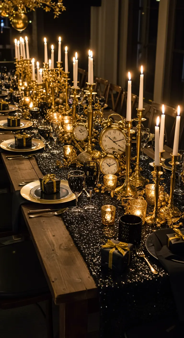 Opulente Silvester-Tafel in Schwarz und Gold mit vielen Kerzen und Uhren.