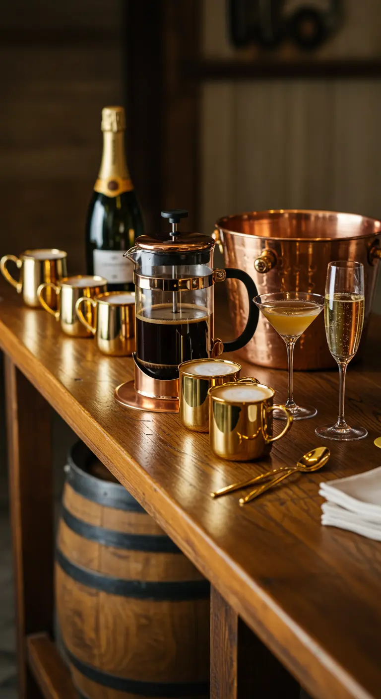 Elegante Kaffeebar auf einem Holztresen mit goldenen Tassen, einer French Press und Kupfer-Eiskühler.