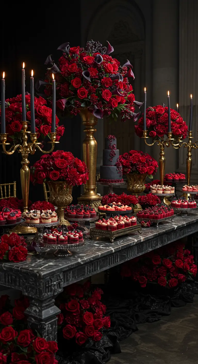 Opulenter schwarzer Marmortisch, überladen mit tiefroten Rosen und schwarzen Kerzen in Goldhaltern