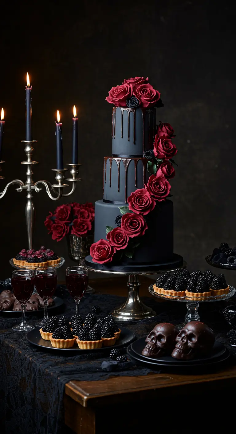 Schwarze Torte mit dunkelroten Rosen und Schokoladenschädeln auf einem dunklen Tisch.